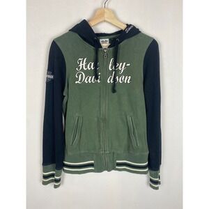 Harley Davidson Womens Green Black Embroidered Winged Logo Zip Up Hoodie Size M